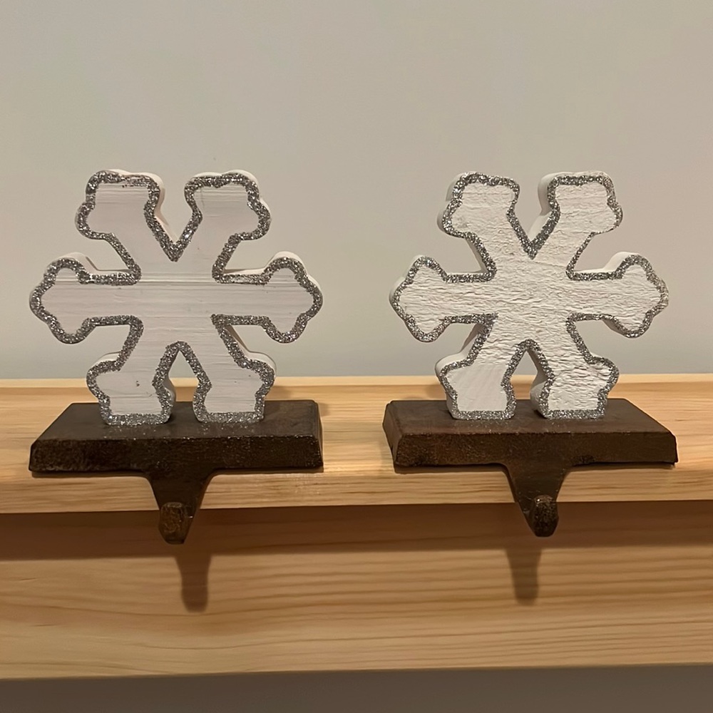 Set of Two White Snowflake with Silver Glitter Border Christmas Stocking Hangers